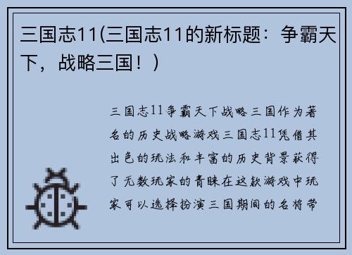 三国志11(三国志11的新标题：争霸天下，战略三国！)